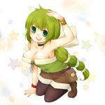  1st-mn :d armlet bangle belt bracelet breasts choker cleavage green_eyes green_hair hand_on_own_head jewelry large_breasts legwear_under_shorts long_hair multi-tied_hair open_mouth pantyhose ribbon_choker saga saga_frontier_2 shorts smile solo star very_long_hair virginia_knights white_background 