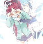  blue_hair clenched_teeth comforting crying hand_on_another's_head hands_on_own_face hug hug_from_behind long_hair magical_girl mahou_shoujo_madoka_magica miki_sayaka multiple_girls oz_wild ponytail red_hair sakura_kyouko short_hair smile tears teeth 