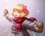  blonde_hair coat fang kannazuki_(devilcode666) mittens open_mouth outstretched_arms plaid plaid_scarf red_scarf rumia scarf short_hair snow solo spread_arms touhou winter_clothes 