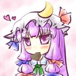  ascot bow chocolate chocolate_heart crescent hair_bow hat hat_bow heart long_hair mouth_hold natsuki_(silent_selena) patchouli_knowledge purple_eyes purple_hair solo touhou 