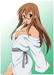  breasts brown_eyes brown_hair cleavage dark_skin fukuoka_katsumi glasses hinata_(fukuoka_katsumi) japanese_clothes kimono large_breasts long_hair open_mouth original solo yukata 