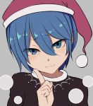  1girl bangs blue_eyes blue_hair capelet closed_mouth commentary_request doremy_sweet eyebrows_visible_through_hair finger_to_mouth hand_up hat looking_at_viewer marsen nightcap pom_pom_(clothes) short_hair simple_background smile solo touhou translation_request upper_body white_background 