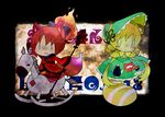  2girls :&lt; animal_ears blonde_hair bonnet candeloro cup dog_ears dog_tail dress drill_hair fang fiery_hair fire kemonomimi_mode madoka_runes mahou_shoujo_madoka_magica multiple_girls nori_senbei ophelia_(madoka_magica) polearm ponytail raccoon_ears raccoon_tail red_hair rocking_horse sakura_kyouko saucer sleeves_past_wrists spear spoilers tail teacup teapot tomoe_mami twin_drills twintails weapon 