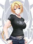  belt blonde_hair bracelet choker denim ellen_aice english fashion hair_ornament hairclip insignia jeans jewelry looking_at_viewer military miyata_sou muvluv muvluv_alternative necklace pants parted_lips purple_eyes shirt short_hair taut_clothes taut_shirt thumbs_in_pockets 