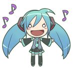  ahoge black_legwear blush_stickers chibi detached_sleeves hatsune_miku karpin long_hair lowres musical_note necktie o_o open_mouth outstretched_arms pleated_skirt skirt smile solo thighhighs twintails vest vocaloid 