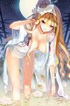  adjusting_hair bare_legs bathing blonde_hair breasts cherrypin collarbone full_moon hanging_breasts large_breasts leaning_forward legs linia_pacifica long_hair lowres moon night outdoors red_eyes robe see-through smile solo sword_girls thighs water wet wet_clothes wet_hair 