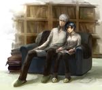  1girl blue_hair book book_on_lap breasts closed_eyes collared_shirt couch couple crossdressing domodesu grey_hair hetero kuma_(persona_4) library narukami_yuu pants persona persona_4 school_uniform shirogane_naoto shirt short_hair sleeping slippers small_breasts 