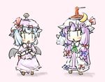  ascot bat_wings blue_hair blush bow chibi crescent dress food food_on_head fork hair_bow hat hat_bow hat_ribbon long_hair multiple_girls natsuki_(silent_selena) object_on_head open_mouth pasta patchouli_knowledge plate pointing pudding purple_hair remilia_scarlet ribbon simple_background standing touhou white_background wings x_arms |_| 