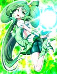  arched_back ass bike_shorts bow bowtie circlet clearite cure_march eyelashes full_body green green_background green_eyes green_hair green_shorts green_skirt long_hair midorikawa_nao ponytail precure shoes shorts shorts_under_skirt skirt smile_precure! solo tri_tails very_long_hair wrist_cuffs 