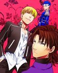  bad_id bad_pixiv_id blonde_hair blue_hair brown_eyes brown_hair casual earrings fate/stay_night fate_(series) gilgamesh hali highres jewelry kotomine_kirei lancer long_hair male_focus multiple_boys pink_background ponytail red_eyes sparkle 