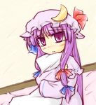  bow crescent hair_bow hat hat_bow hug long_hair natsuki_(silent_selena) patchouli_knowledge pillow purple_eyes purple_hair sitting solo tears touhou 
