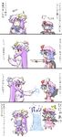  2girls 4koma :&lt; arms_up ascot book bow chibi closed_eyes comic crescent danmaku dress fang from_side hair_bow hands_on_own_chest hat hat_bow hat_ribbon highres holding holding_book long_hair multiple_girls musical_note natsuki_(silent_selena) open_book outstretched_arms patchouli_knowledge pointing purple_eyes purple_hair reading red_eyes remilia_scarlet ribbon standing sweatdrop touhou translation_request water |_| 