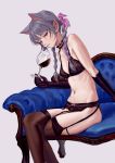  1girl animal_ears bangs bare_shoulders black_bra black_gloves black_panties blush bra braid breasts brown_legwear cat_ears choker couch cup drinking_glass eyeshadow feet_out_of_frame fkey frilled_choker frills garter_belt gloves grey_background groin hair_ribbon half-closed_eyes highres holding holding_cup legs_crossed long_hair looking_at_viewer makeup medium_breasts multicolored_hair navel original panties pink_hair pink_ribbon red_eyes ribbon silver_hair simple_background sitting smile solo stomach streaked_hair thighhighs thighs twin_braids twintails underwear underwear_only wine_glass 