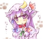  :&lt; animal_ears bow cat_ears collar crescent hair_bow hat hat_bow long_hair natsuki_(silent_selena) patchouli_knowledge paw_print purple_eyes purple_hair solo touhou translated 