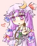  :d ascot blush bow bowl chocolate crescent fingers hair_bow hat hat_bow heart holding long_hair natsuki_(silent_selena) open_mouth patchouli_knowledge purple_eyes purple_hair simple_background smile solo touhou white_background 