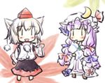  :d animal_ears ascot bow chibi crescent detached_sleeves dress hair_bow hand_to_own_mouth hat hat_bow inubashiri_momiji long_hair multiple_girls natsuki_(silent_selena) open_mouth patchouli_knowledge purple_hair silver_hair smile standing tokin_hat touhou wolf_ears |_| 