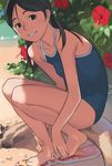  bare_legs bare_shoulders barefoot beach black_eyes black_hair flip-flops hair_bobbles hair_ornament highres looking_at_viewer one-piece_swimsuit original sandals school_swimsuit sitting smile solo swimsuit takamichi twintails 
