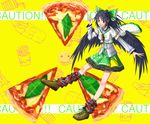  1girl adapted_costume argyle argyle_legwear bad_id bad_pixiv_id black_hair black_wings bow cape fast_food food french_fries hair_bow highres hot_dog long_hair pizza red_eyes reiuji_utsuho shoes skirt smile smiley_face solo touhou v wings 