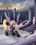  armor blonde_hair cloud clouds cutie_mark derpy_hooves_(mlp) equine female feral friendship_is_magic hair mammal my_little_pony outside pegasus ponykillerx ruins solo sword weapon wings 