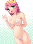  aqua_eyes arm_behind_back bad_id bad_pixiv_id bikini blush breasts cameltoe hairband large_breasts navel open_mouth original pink_hair shiny shiny_skin short_hair smile solo strap_gap swimsuit totokichi waving white_bikini yellow_hairband 