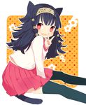  alluka_zoldyck animal_ears ayu_(mog) bad_id bad_pixiv_id between_legs black_hair black_legwear blush cat_ears cat_tail hair_ornament hairband hunter_x_hunter long_hair looking_at_viewer male_focus multi-tied_hair open_mouth pleated_skirt red_eyes school_uniform sitting skirt smile solo tail thighhighs v 