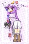  1girl bloomers book boots bow crescent dress dress_lift from_behind full_body hair_bow hat hat_bow long_hair looking_back natsuki_(silent_selena) open_mouth patchouli_knowledge purple_eyes purple_hair simple_background solo touhou translation_request underwear white_background 