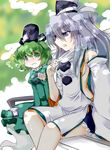  adjusting_clothes blush breasts dress ghost_tail green_dress green_eyes green_hair grey_hair hat hot japanese_clothes kariginu mononobe_no_futo multiple_girls no_bra open_mouth ponytail sesield shirt_pull short_hair sideboob small_breasts soga_no_tojiko tate_eboshi touhou 