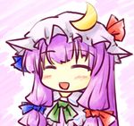  :d ascot bow closed_eyes crescent hair_bow hat hat_bow long_hair natsuki_(silent_selena) open_mouth patchouli_knowledge purple_hair smile solo touhou 