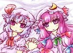  ascot blue_hair blush bow crescent hair_bow hat hat_bow hat_ribbon highres holding_hands long_hair lying multiple_girls natsuki_(silent_selena) on_back patchouli_knowledge pink_eyes pink_hair purple_eyes remilia_scarlet ribbon smile touhou 