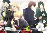  4boys ahoge artoria_pendragon_(all) black_gloves black_hair blonde_hair bracelet brown_eyes brown_hair checkerboard_cookie chocolate cookie eating fate/zero fate_(series) food formal futaba_hazuki gilgamesh gloves green_eyes green_hair jewelry kotomine_kirei lancer_(fate/zero) long_hair mapo_doufu multiple_boys necklace necktie pant_suit pocky ponytail red_eyes saber suit waver_velvet yellow_eyes 