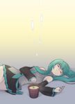  aqua_hair bare_shoulders closed_eyes detached_sleeves hatsune_miku hello_planet_(vocaloid) karpin long_hair lying nail_polish necktie on_back plant pleated_skirt potted_plant sapling skirt sleeping solo tears twintails vest vocaloid 