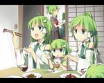  :o ahoge alternate_costume bad_id bad_pixiv_id bare_shoulders child chopsticks clone detached_sleeves family food fork frog_hair_ornament fusuma green_eyes green_hair hair_bun hair_ornament hair_tubes highres holding kochiya_sanae letterboxed meat multiple_girls multiple_persona napkin no_nose open_mouth plate ponytail rice school_uniform serafuku shirt sliding_doors smile snake spatula spoon sunyukun table touhou v-shaped_eyebrows younger 
