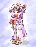  bow crescent dress hair_bow hat hat_bow long_hair natsuki_(silent_selena) patchouli_knowledge purple_eyes purple_hair red_scarf scarf scarf_over_mouth solo standing touhou 