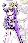  :&lt; ascot bow crescent crossed_arms dress hair_bow hat hat_bow long_hair natsuki_(silent_selena) patchouli_knowledge purple_eyes purple_hair solo standing touhou very_long_hair 