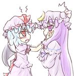  2girls bat_wings blue_hair blush bow crescent dress fang from_side hair_bow hands_on_another's_cheeks hands_on_another's_face hat hat_ribbon long_hair multiple_girls natsuki_(silent_selena) open_mouth patchouli_knowledge purple_eyes purple_hair red_eyes remilia_scarlet ribbon simple_background touhou white_background wings 