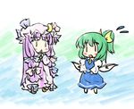  :&lt; ascot blush bow crescent daiyousei flying_sweatdrops green_hair hair_bow hat hat_bow long_hair multiple_girls natsuki_(silent_selena) open_mouth patchouli_knowledge ponytail purple_hair standing touhou wings |_| 