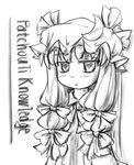  :&lt; ascot bow character_name crescent greyscale hair_bow hat hat_bow long_hair monochrome natsuki_(silent_selena) patchouli_knowledge solo touhou 