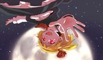  :d blonde_hair fangs full_moon hair_ribbon hands moon night night_sky open_mouth outstretched_hand red_eyes ribbon rumia short_hair sky smile solo touhou upside-down yafu 