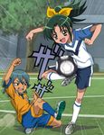  1girl bad_id bad_pixiv_id ball crossover fukushima_masaru green_eyes green_hair gym_shorts highres inazuma_eleven_(series) inazuma_eleven_go kariya_masaki lightning_bolt midorikawa_nao playing ponytail precure raimon shorts smile_precure! soccer soccer_ball soccer_field soccer_uniform sportswear tree uniform yellow_eyes 