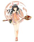  animal_ears bad_id bad_pixiv_id bare_legs bare_shoulders black_hair curly_hair detached_sleeves dress drill_hair elin_(tera) highres legs long_hair sandals shizaki_asuka simple_background solo staff tera_online white_background 