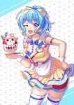  1girl ;d apron bang_dream! bangs blue_hair blue_neckwear bow bowtie character_name cherry commentary_request dress drop_shadow earrings food frilled_apron frilled_sleeves frills fruit hair_bow hand_on_hip highres holding holding_tray ice_cream jewelry kenkou_toshikou looking_at_viewer matsubara_kanon michelle_(bang_dream!) name_tag one_eye_closed open_mouth pom_pom_earrings ponytail purple_eyes shorts shorts_under_skirt sidelocks skindentation smile solo star starry_background sundae thighhighs tray waist_apron waitress whipped_cream wrist_cuffs yellow_bow yellow_dress 