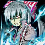  blue_fire bow crazy crazy_eyes face fire fujiwara_no_mokou grin hair_bow rou_honoo smile solo touhou 