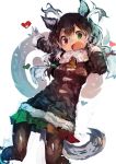  1girl absurdres animal_ears antlers bell bell_collar brown_hair coat collar commentary_request fur_collar fur_trim green_eyes hair_tie heterochromia highres kaamin_(mariarose753) kemono_friends long_hair long_sleeves multicolored_hair pantyhose pleated_skirt red_eyes reindeer_(kemono_friends) reindeer_antlers reindeer_ears reindeer_tail skirt solo tail twintails 