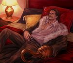  arisue_kanako bed belt black_hair cigar collared_shirt formal fur_trim hook_hand lamp looking_away lying male_focus muscle on_back on_bed one_piece pants pillow scar shirt sir_crocodile smoking solo suit undressing white_eyes 