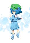  bad_id bad_pixiv_id blue_eyes blue_hair blush boots bubble child from_behind hair_bobbles hair_ornament hat highres kawashiro_nitori looking_at_viewer looking_back pocket pointing rubber_boots sawayaka_samehada shirt skirt skirt_set smile solo touhou two_side_up 