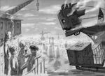  a.hebmuller bad_id bad_pixiv_id cigarette crane factory graphite_(medium) greyscale grin highres industrial monochrome multiple_boys original railing robot smile smoke smoking traditional_media 