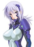  bodysuit breasts covered_nipples cryska_barchenowa large_breasts lips long_hair misnon_the_great muvluv muvluv_alternative muvluv_total_eclipse pilot_suit purple_eyes purple_hair skin_tight solo 