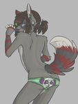  black_nose blue_eyes brown_hair butt canine ear_piercing girly grey_background hair looking_at_viewer looking_back male mammal piercing plain_background schopenhauer smile solo stripes underwear 