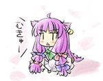  :&lt; ahoge animal_ears ascot bow cat_ears chibi crescent earrings hair_bow jewelry long_hair lowres mukyuu natsuki_(silent_selena) open_mouth patchouli_knowledge purple_hair single_earring solo touhou translated |_| 