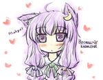  :&lt; ahoge animal_ears ascot blush bow cat_ears character_name crescent crescent_hair_ornament earrings hair_bow hair_ornament heart jewelry long_hair natsuki_(silent_selena) patchouli_knowledge paw_print purple_eyes purple_hair single_earring solo touhou 